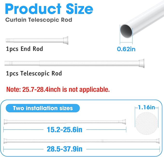 MEXAU White Tension Curtain Rods18 to 36 Inch,Small Curtain Rods No Drilling,Short Tension Rod,Adjustable Spring Rod for Windows,Door,Closet
