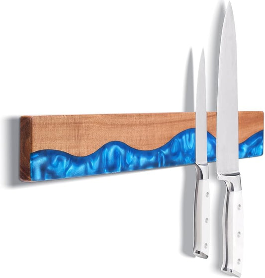 ENOKING 16 Inch Magnetic Knife Holder for Wall, Acacia Wood & Blue Resin Magnetic Knife Strip, Powerful No-Drill Adhesive or Screws Mount, Kitchen Knife Bar Storage Rack