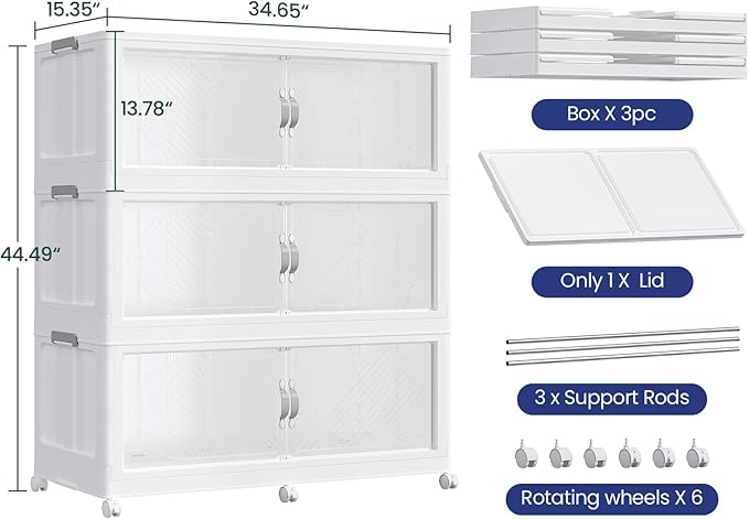 180Gal/720QT 3-Tiers Extra Large Stackable Storage Bins with Lid, Collapsible Cabinet Closet Organizer Plastic Container Box with Wheels Doors Drawers for Office Dorm Kitchen Office, White