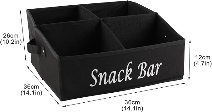 Snack Organizer for Countertop, Fabric Snack Basket with Handles, 4 Compartment Snack Box Container Snack Holder, Snack Bar Station Decor, Kitchen Cabinet Pantry Organizer and Storage, Black