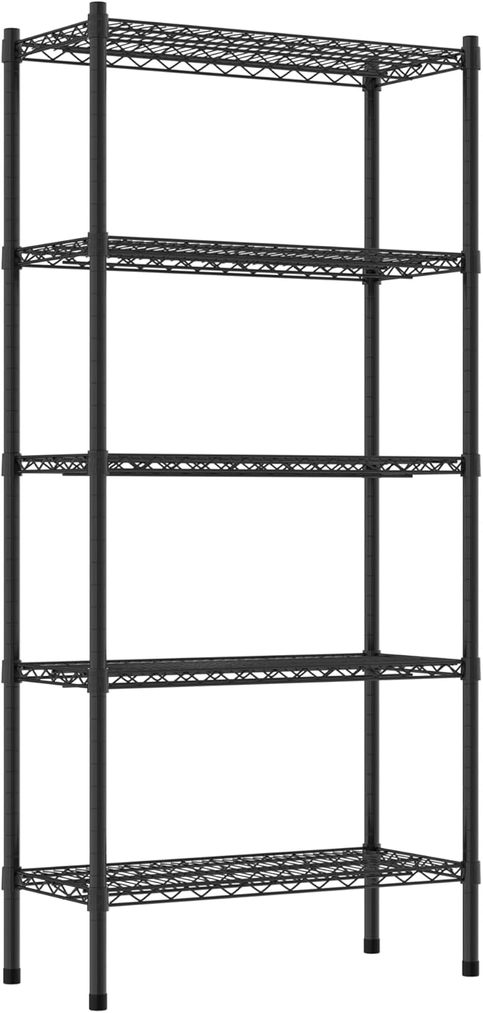 Commercial NSF Listed Black Epoxy Stationary Wire Shelving Kit 14" x 30" x 64", with 5 Shelves Perfect for Warehouse, Walk-in Refrigerator, Freezer, Grocery Store, Restaurant, Dishroom
