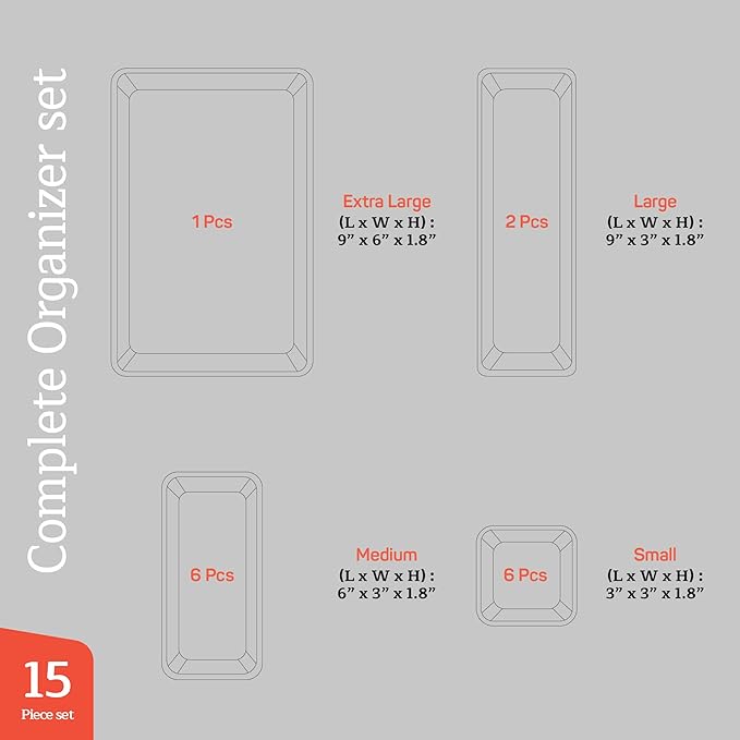 Drawer Organizer Set - Includes 1-piece 9x6" bins, 2-piece 9x3" bins, 6-piece 6x3" Bins, 6-piece 3x3" Bins, Stackable 4 Size Storage Trays for Makeup, Kitchen, and Office, Pack of 15