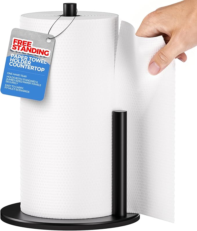 zaa Paper Towel Holder Countertop - Free Standing Paper Towel Holder for Kitchen Organization, Easy to Carry Paper Roll Dispenser, No Drill Installation, for Kitchen, Bathroom, Office, RV, Black