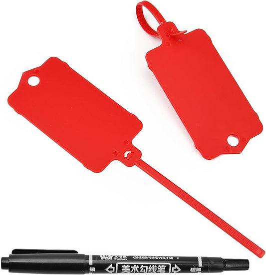 LeadSeals 100pcs Blank Plastic Tags for Labeling Reusable Hanging Tags Ties Key Tag Storage Labels Waterproof Plastic Mark Label Writable Hang Sign with One Marker Pen (Red)