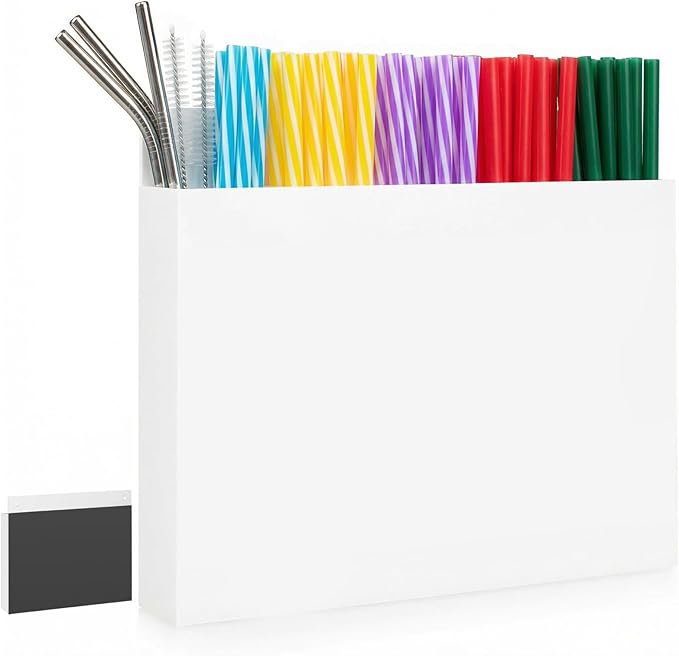 Acrylic Straw Holder for Cabinet Door, White Front Panel Straws Organizer with Adhesive or Magnetic Mount, Reusable Straw Storage Container for Kitchen, Cupboard, Bar Counter – 1 Pack