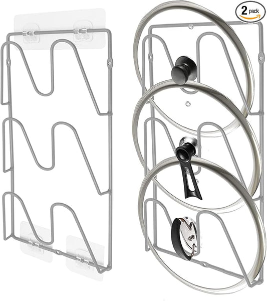 UpChoNice 2 Pack Pot Lid Organizer Rack, 6 Tier Hanging Pot Lids Holder Inside Cabinet Door, No Drilling Adhesive Wall Mounted Pan Lid Organizer, Kitchen Cooking Lid Storage Rack for Cupboard (Silver)