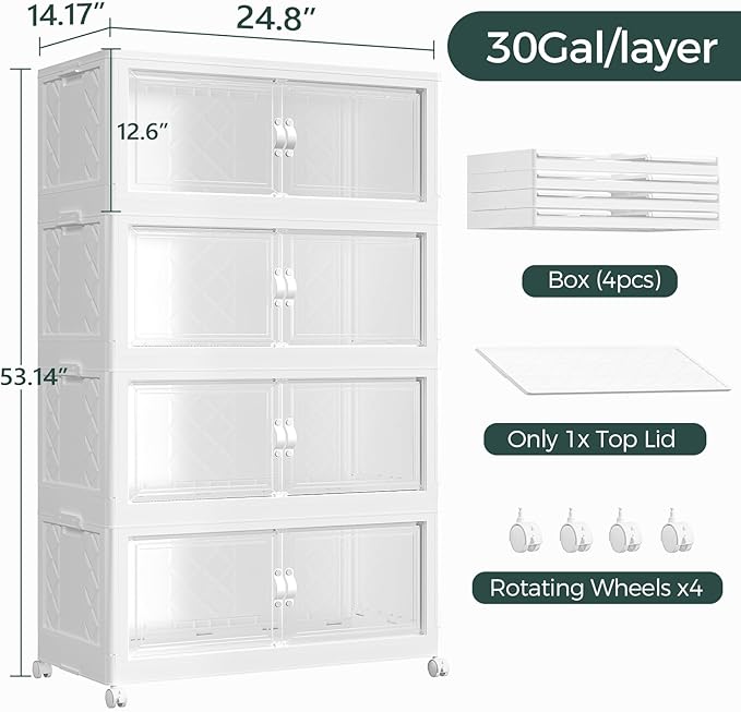 Atrasee 480QT Extra Large Stackable Storage Bins with Lid, 120Gal Collapsible Closet Organizer Box with Wheels, Folding Plastic Storage Cabinet with Doors for Home Bedroom Office Dorm, 4Pack White