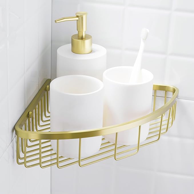 304 Stainless Steel Shower Caddy Corner Basket Shelf Bathroom Organizer Wall Mounted Storage, Brushed Gold Brass Finish Heavy Duty