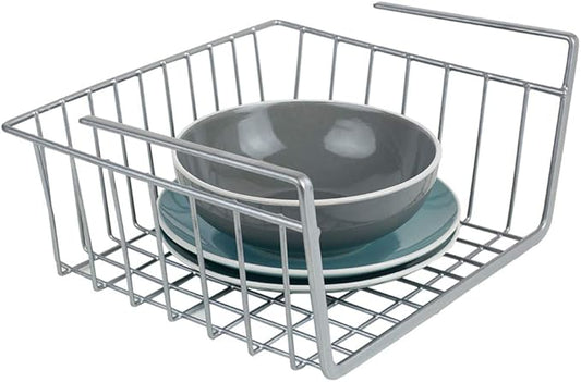 Home Basics Under Shelf Steel Wire Basket Hanging Storage Space Saver Slide-On Basket for Pantry, Cabinets, Closet, Shelves - No Hardware Needed - Silver