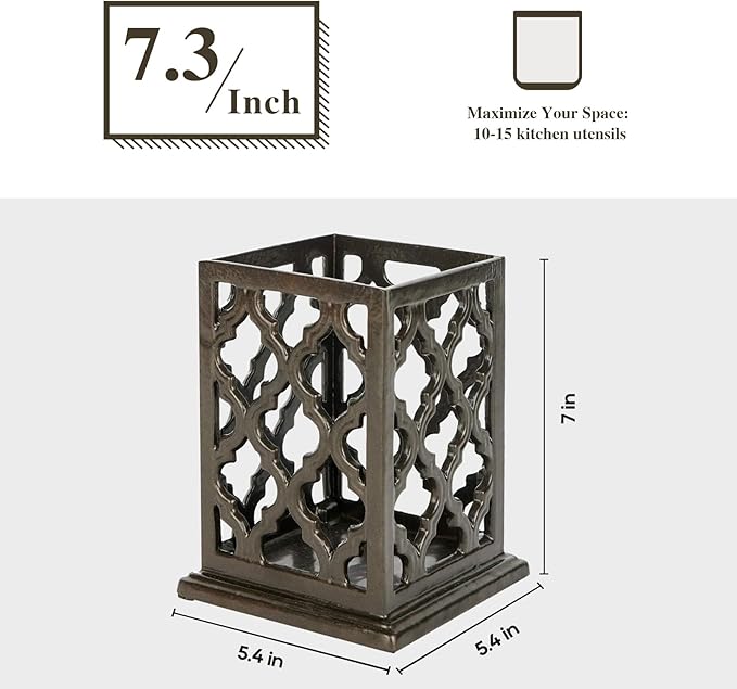 jogreful Utensil Holder, Cast Iron Kitchen Utensil Crock for Countertop, Extra Large Utensil Organizer with Weighted-Base, Housewarming Vintage Decor, Grid Pattern, Coffee Gold