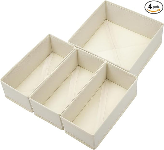 Drawer Organizer Set of 4 Beige - Fabric Storage Bins for Clothes, Underwear, Socks & Bras - 11" Dresser Dividers for Bedroom Closet