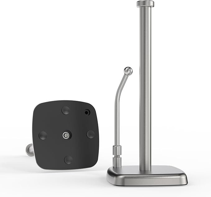 Paper Towel Holder Countertop, Paper Towel Dispenser Standing Weighted Base Non-Slip, Spring Arm Fit Most Size Paper Roll, Stainless Steel Paper Towel for Home Kitchen Tabletop, Sliver