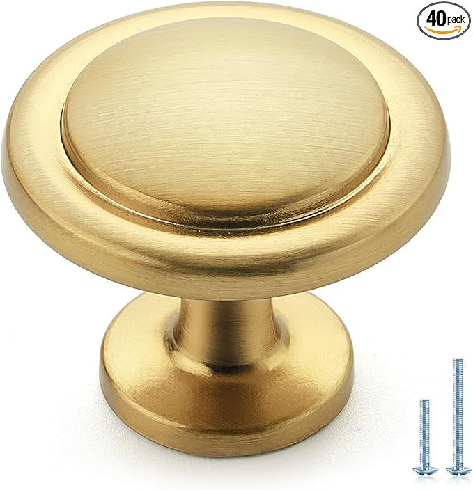Ravinte 40 Pack Brushed Brass Cabinet Pulls - 1-1/4 inch Kitchen Cabinet Knobs & Drawer Pulls for Dresser Drawers