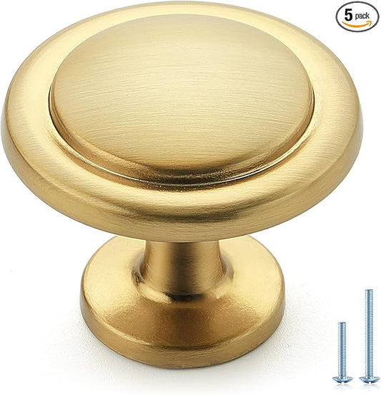 Ravinte 5 Pack Brushed Brass Cabinet Pulls - 1-1/4 inch Kitchen Cabinet Knobs and Drawer Pulls for Dresser Drawers