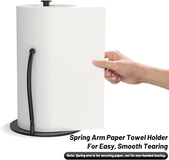 VEHHE Paper Towel Holder Countertop with Spring Arm, EVA Non-Slip Base, Freestanding Paper Towel Holder for Kitchen Bathroom (Black)