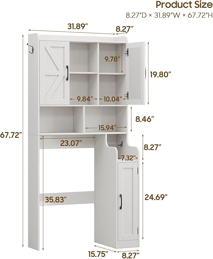 Over The Toilet Storage Cabinet, Bathroom Over Toilet Storage Organizer with Barn Doors and Paper Holder Stand Farmhouse Space Saving Rack Cabinet with Adjustable Shelves for Bathroom, Laundry (White)