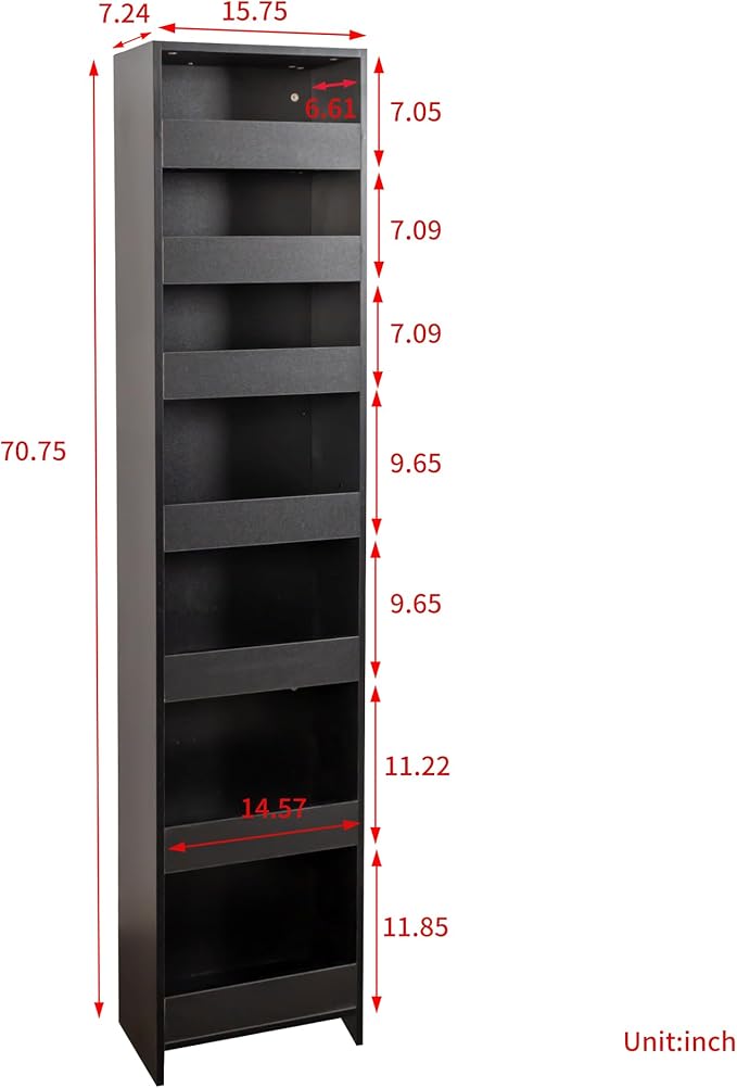7 Tier Multi-Functional Pull-Out Storage Cart, Single-Sided Open Shelf, Slim Kitchen & Living Room Organizer, Narrow Space Storage with Handle & Wheels, Pantry Shelf for Small Spaces, Black