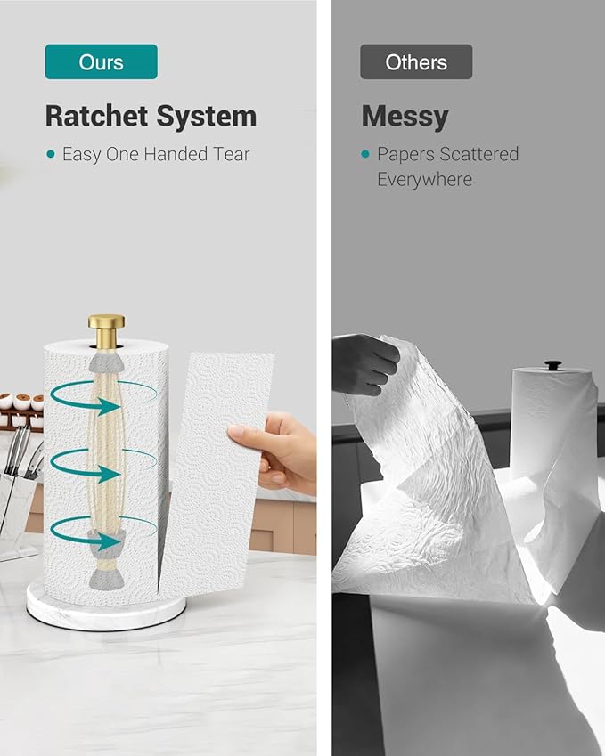 Marble Paper Towel Holder Countertop, Gold, Stainless Steel, One-Handed Tear, Freestanding Paper Towel Stand Rack with Ratchet Mechanism for Kitchen Toilet Bathroom Essentials Decor Accessories