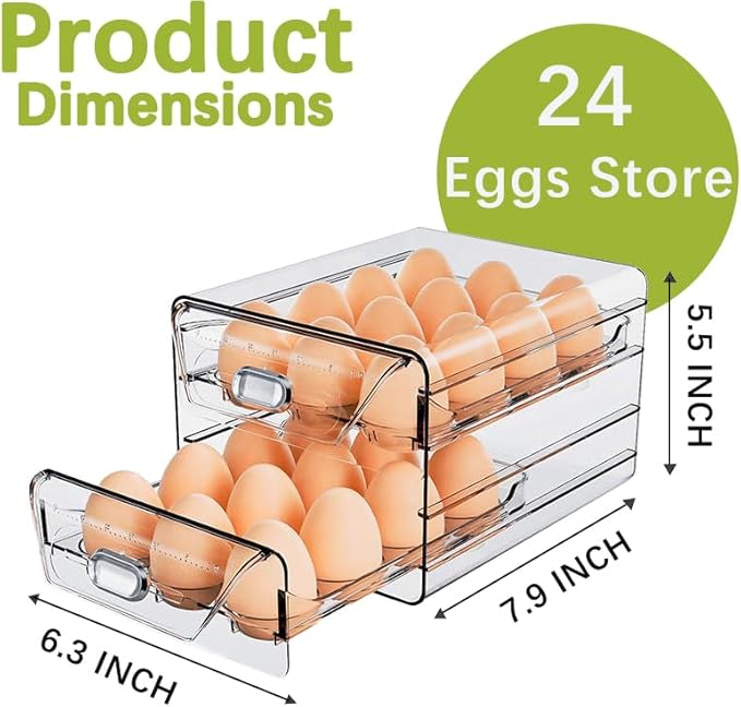 Egg Organizer for Refrigerator, Clear 24 Egg Holder for Fridge with Drawers,Stackable Egg Storage Dispenser for Refrigerator with Time Scale,High Capacity Container Fresh