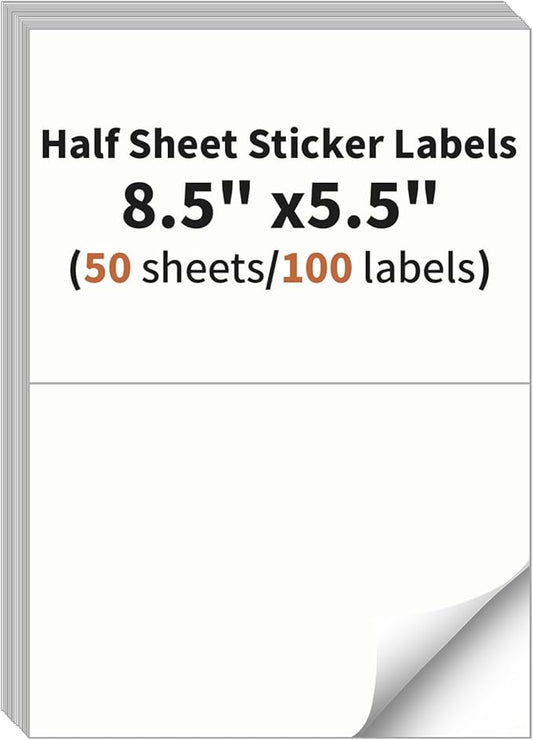 Half Sheet Labels, 2 per Sheet, 50 Sheets, 100 Labels, 8.5" x 5.5" Shipping Labels Paper, Address Sticker Laser & Inkjet Printer Label Stickers, 5 1/2" x 8 1/2" Half Sheet Labels