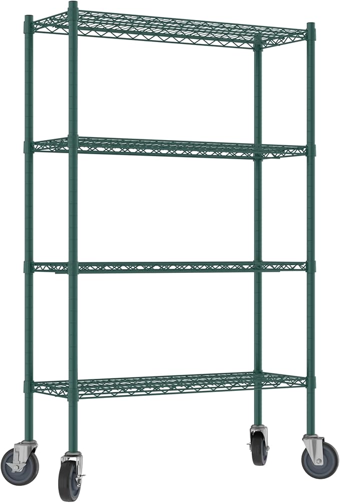 Commercial NSF Listed Green Epoxy Mobile Wire Shelving Kit 14" x 36" x 60", with 4 Shelves Perfect for Warehouse, Walk-in Refrigerator, Freezer, Grocery Store, Restaurant, Dishroom