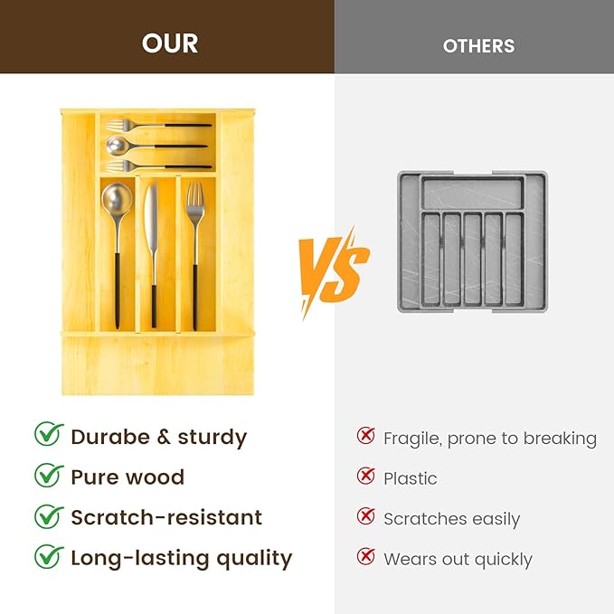 Silverware Drawer Organizer Wood with Adjustable Partition for Kitchen Utensil Cutlery Flatware Cabinet Storage Compartment Tray Insert with Dividers (13.2" W x 19.5" D x 2.5" H)