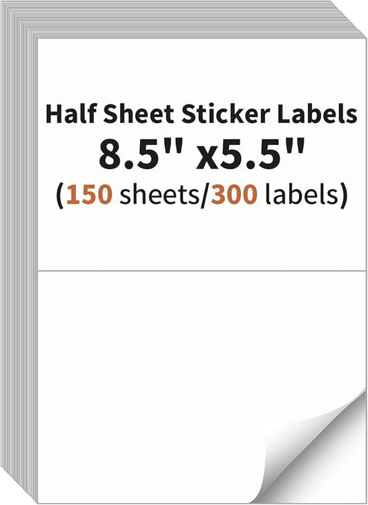 Half Sheet Labels, 2 per Sheet, 150 Sheets, 300 Labels, 8.5" x 5.5" Shipping Labels Paper, Address Sticker Laser & Inkjet Printer Label Stickers, 5 1/2" x 8 1/2" Half Sheet Labels
