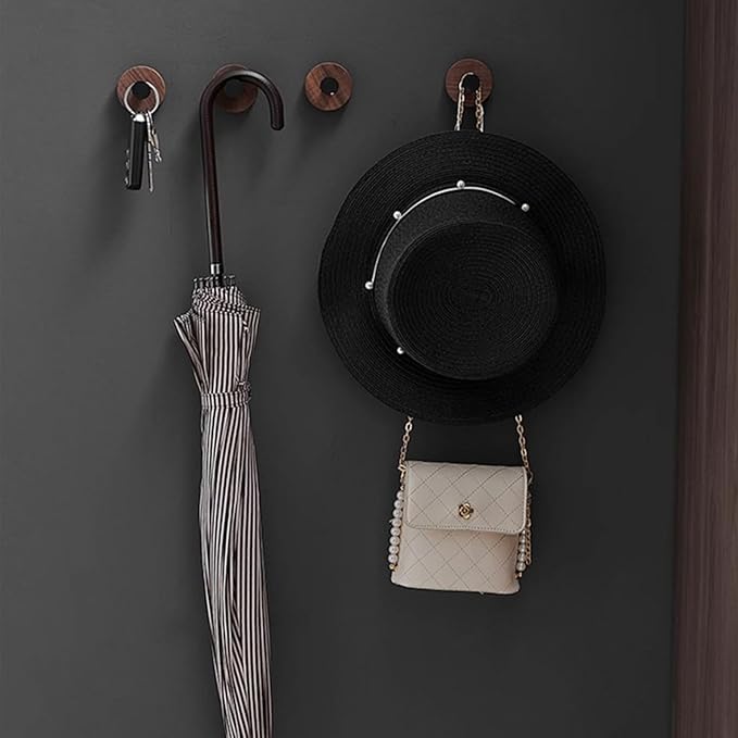 Stacknovo No-Drill Wall Hooks (3-Pack) - Dark Walnut Decorative Adhesive Hooks for Towels, Hats & Robes, Strong Damage-Free Hanging in Bathroom, Kitchen, Bedroom (3, Black)