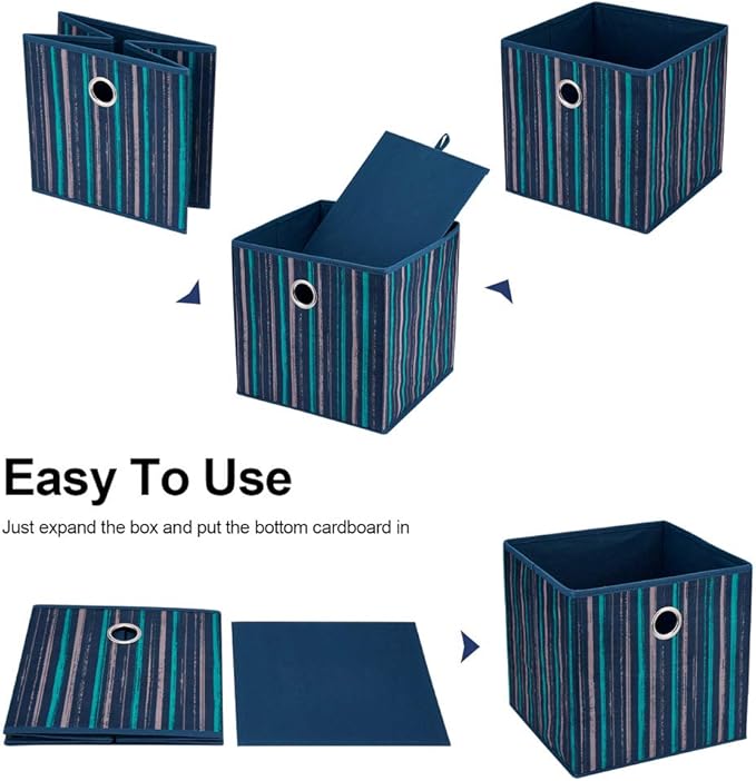 HSDT3 Cube Storage Bins 11x11x11 Inch Foldable Teal-Yellow Vertical Stripes Gradient Lines Print Fabric Storage Basketes for Home Organizers Storage Drawer,QY-SC17-3,Cream Navy Blue(Set of 3)