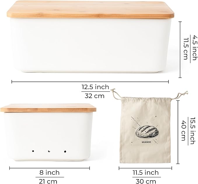 MIAMIO – Bread Box for Kitchen Countertop/Ceramic Bread Box with Cutting Board, Bread Container with Bamboo Lid, 12.6 x 7.9 x 4.5 inches