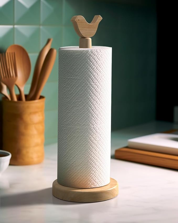 Cute Wooden Paper Towel Holder Stand - Kitchen Paper Hanger Rack Bathroom Towel Roll Stand Organizer Simply Standing Countertop Paper Roll Holder, Bird