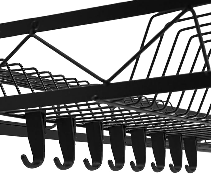 Over The Sink Dish Drying Rack, 2-Tier Carbon Steel Dish Rack with 22.05lbs High Load-Bearing, Adjustable Storage Baskets & Utensil Holders, Black Kitchen Counter Organizer for Space Saving