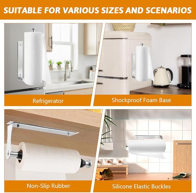 Magnetic Paper Towel Holder for Fridge, No Drill, One Hand Tear Paper Towel Holder with Ratchet Mechanism, Self-Adhesive & Wall Mount for Refrigerator, Kitchen, Garage, RV(Color:Silver)