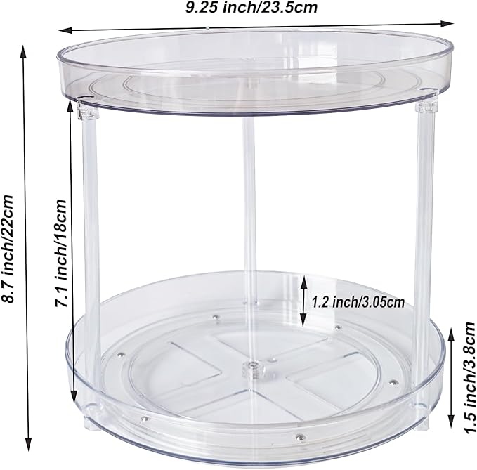 Lazy Susan Turntable Organizer, 9.25 inch Clear, 360° Rotating Storage for Makeup, Skincare, Kitchen, Pantry, Fridge, 2-Tier Space Saver (Clear, 9.25inch 2 Tier)