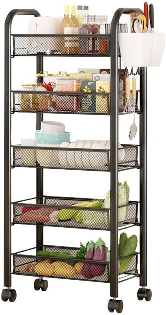 Fruit Basket for Kitchen, Fruit Vegetable Storage Basket, Standing Baskets for Kitchens Floor, 5-Tier Stackable Fruit Vegetable Storage Basket Stand on Wheel for Kitchen, Pantry Black 4