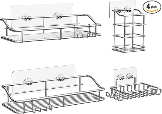 Nieifi Shower Caddy Shelf with Hooks Storage Rack Organizer Adhesive Stainless Steel without Drilling for Bathroom, Lavatory, Washroom, Restroom, Shower, Toilet, Kitchen (Sliver, 4 Pack)