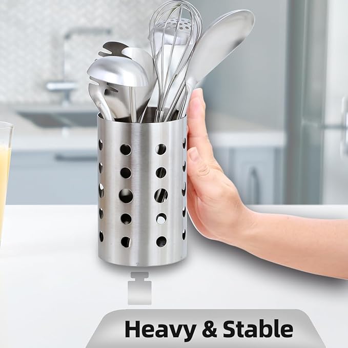 QRU Kitchen Utensil Holder for Countertop (H6.7” x W4.1”), Stainless Steel Cooking Utensil Caddy for Tools, Spatulas, Spoons, Silverware & More, Cooking Utensil Organizer, Kitchen Decor (Silver)