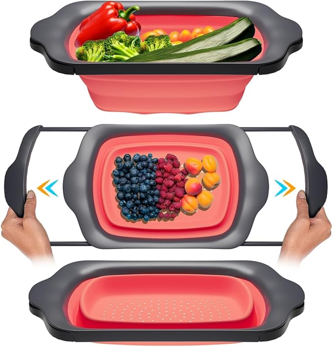 Comfify XL Large Kitchen Strainer - Collapsible Silicone Over-The-Sink Colander with Extendable Handles - Use with Pasta, Fruit, Berries & Veggie - 6 Quart - Coral