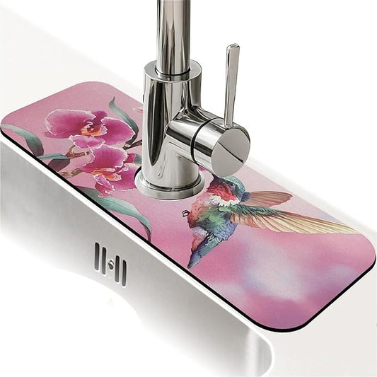 Kitchen Sink Splash Guard，Hummingbird, orchid Faucet Mat Sink Gadgets-Super Absorbent Fast Drying Mat Drip Catcher for Kitchen, Bathroom,Sink Mat, Dish Drying Mat, Bathroom(15" X 5.5" )