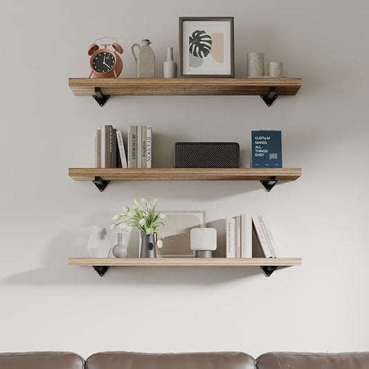 36 inch Long Wall Shelves Set of 3, Rustic Wood Long Floating Shelves, Large Wall Mounted Shelves with Metal Brackets, Farmhouse Bookshelf for Living Room, Bedroom, Bathroom (36 inch 3 Tier)