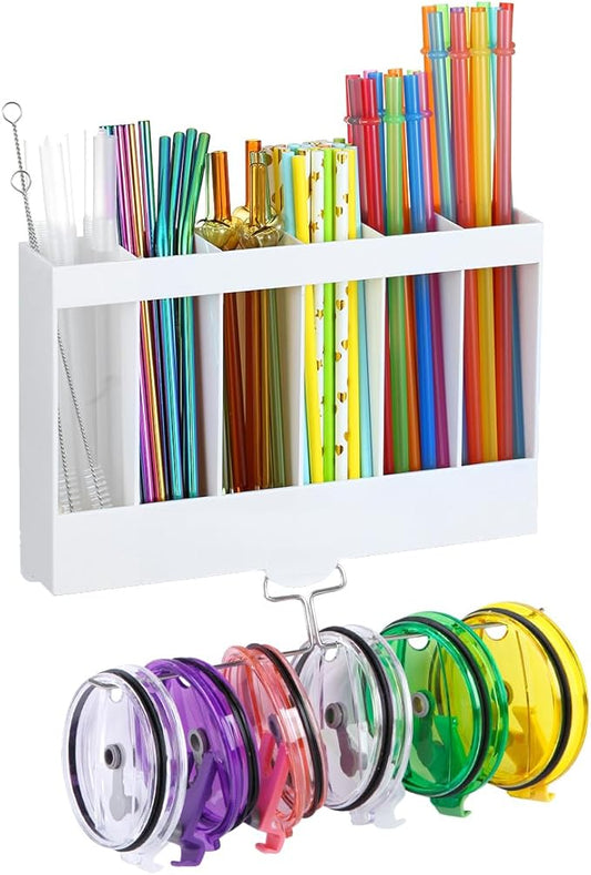 10''Straw Storage for Cabinet Door with Tumbler Straw Organizer,Large Straw Holder with Washable Sticky Reusable Cup Lid Holder,Water Bottle Accessories Organizer for Kitchen (White)