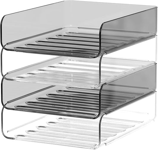 Acrylic Paper Tray Organizer for Desk, Clear & Brown Stackable Letter Tray, 4-Tier Paper File Organizer, Office Desk Accessories for Document Organization