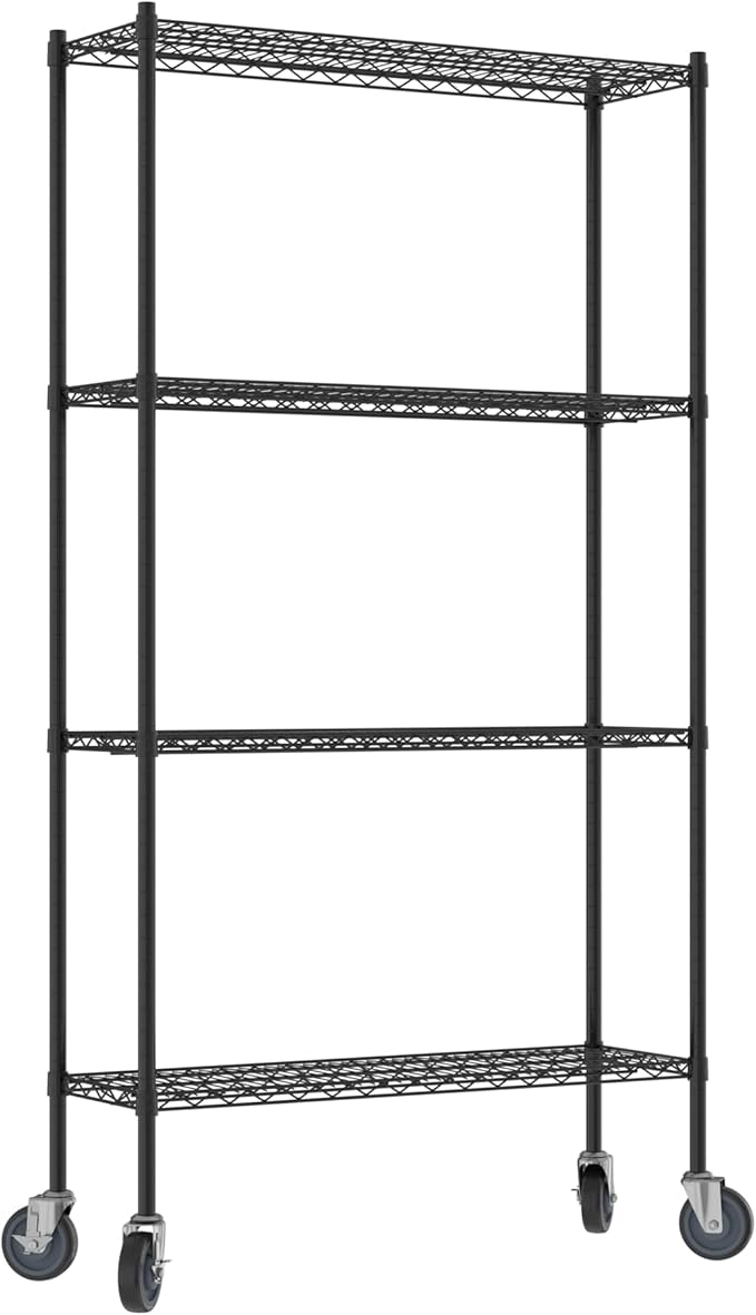 Commercial NSF Listed Black Epoxy Mobile Wire Shelving Kit 14" x 42" x 80", with 4 Shelves Perfect for Warehouse, Walk-in Refrigerator, Freezer, Grocery Store, Restaurant, Dishroom