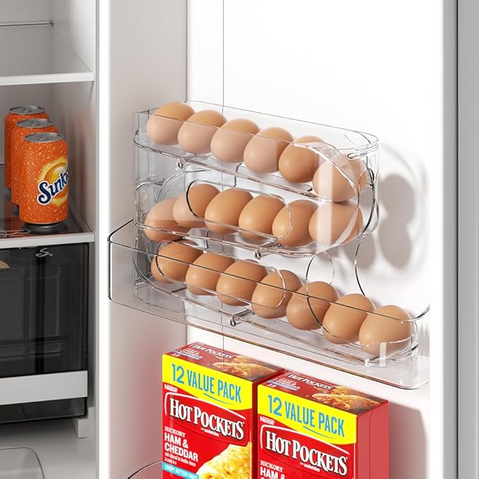 Sotfamily Clear Egg Holder for Fridge, Auto Rolling Egg Dispenser for 18 Eggs, Space-Saving Egg Roller, Organizer, Container, Storage for Refrigerator & Kitchen Countertop(1 Pack)