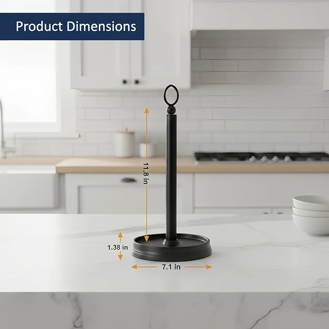 Paper Towel Holder (with Heavy Weighted Base) Steel Paper Holder countertop，Black Paper Towel Holder for Kitchen Countertops, Bars & Dining Tables,Fits Standard & Jumbo Rolls, Matte Black