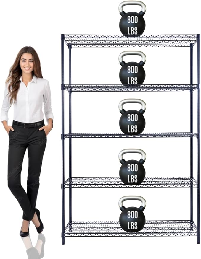 48"x18"x72" PRIME HEAVY DUTY Black 5-Tier Wire Shelving NSF 4000 LBS MAX Capacity Storage Rack for Commercial, School, Home, Garage, Warehouse, Industrial, and Hospital Uses (with Wheels)