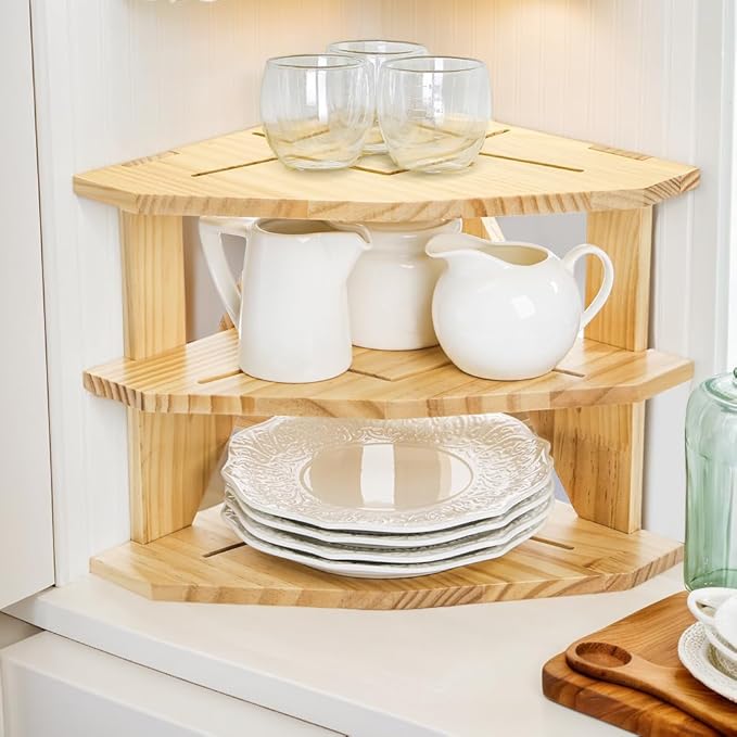 Goaste 3 Tier Cabinet Organizer Shelf, Wood Corner Rack for Kitchen Counter, Space Saving Corner Shelf Organizer for Plates Dishes Bowls Bread, Pantry Bathroom Storage, Home & Housewarming Gift