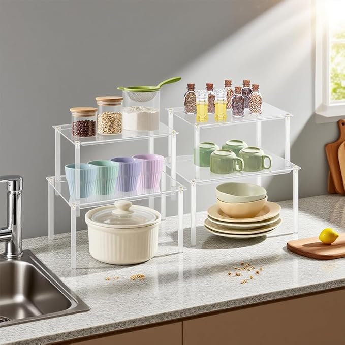 4Pack Clear Cabinet Organizer,Acrylic Shelf Riser for Dish Organizer,Clear Acrylic Shelves Riser Stackable Cabinet Risers for Counter, Pantry Organization and Storage