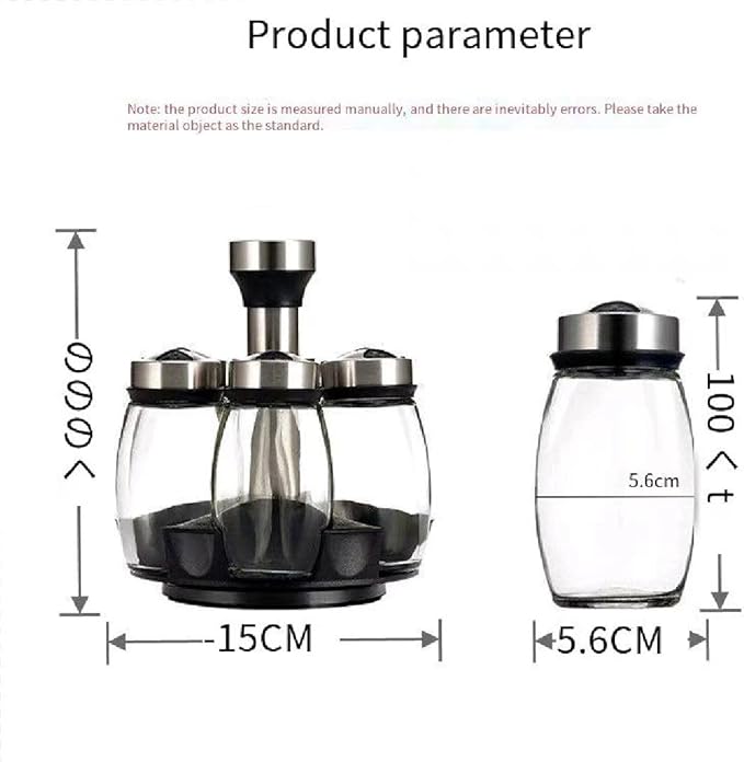 Kitchen rotating spice rack storage set, 360 degree rotating bracket, 6 glass jars, blank labels, space saving storage solution, suitable for kitchen and table use