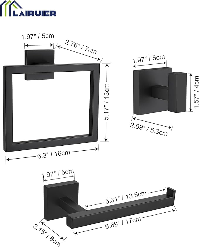 Matte Black Bathroom Hardware Set 4 Pieces, Toilet Paper Holder Set SUS304 Stainless Steel Bath Hand Towel Ring Set for Bathroom Hardware Accessories Set Wall Mounted